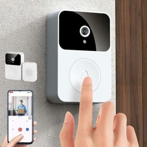 Ring smart video doorbell with camera showing visitor on smartphone app